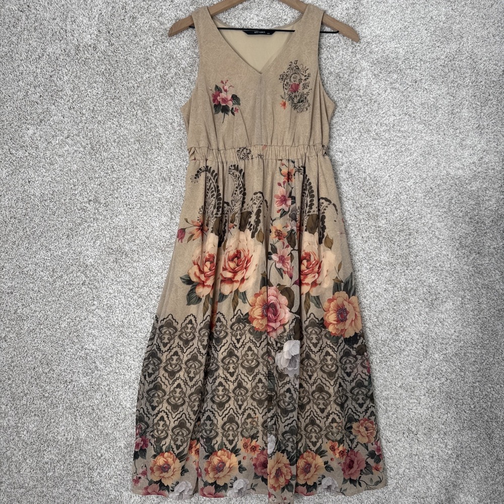 eshakti Beige Floral Midi Dress with Pink and Peach Roses